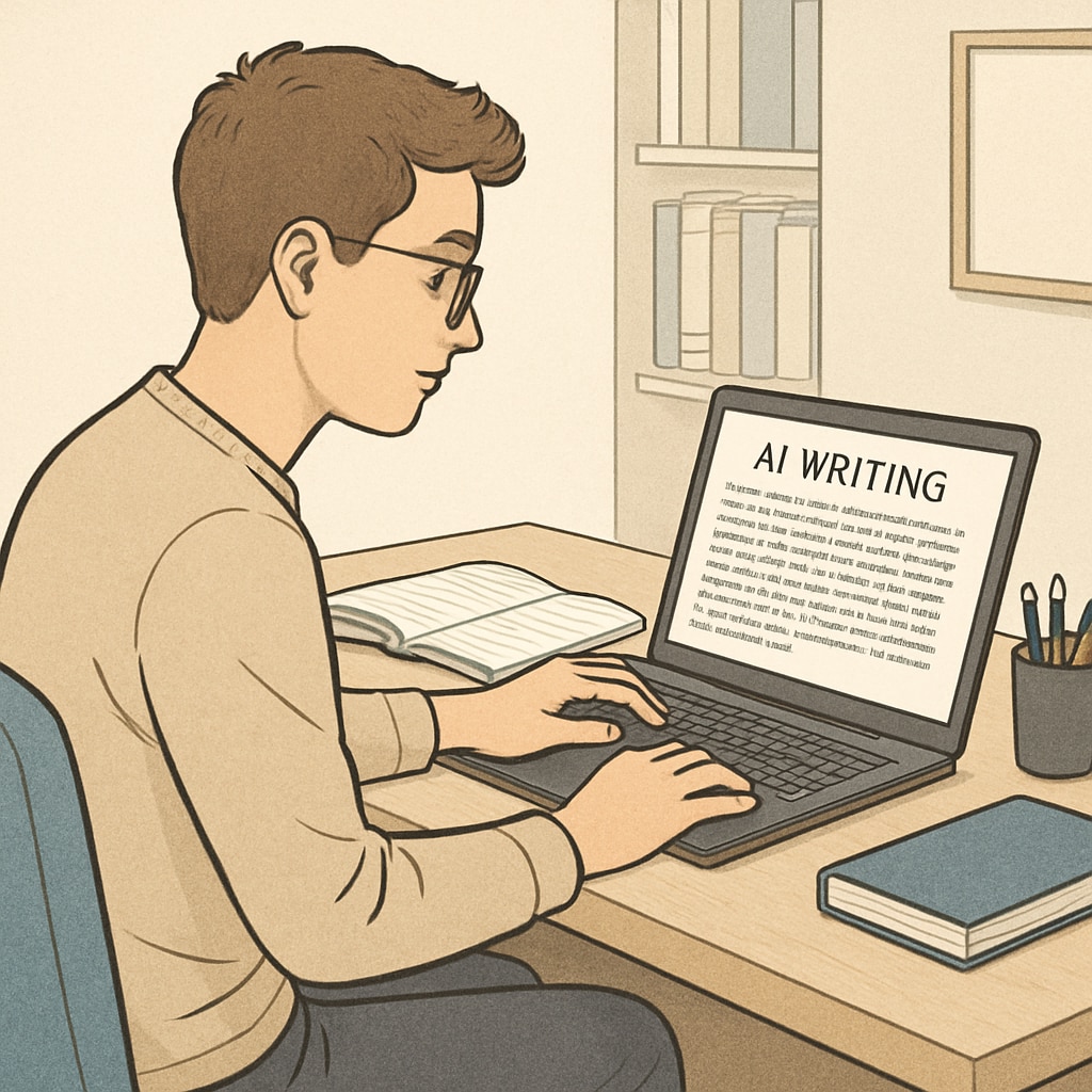 A modern university student using a laptop with AI writing software visible on the screen. University student working with AI writing software, academic integrity focus