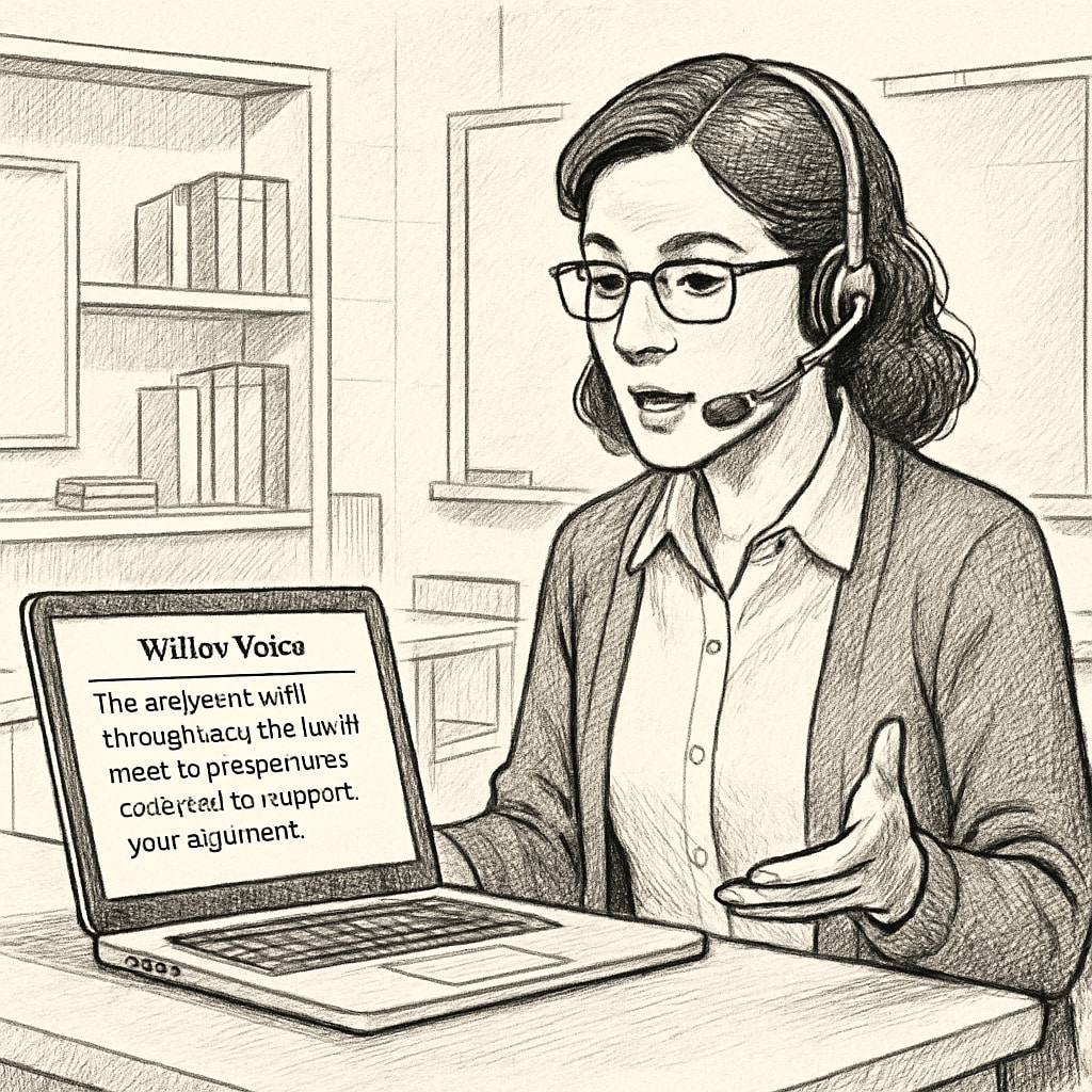 An educator using a voice recognition tool like WillowVoice to transcribe academic feedback in a classroom setting. Educator using voice recognition software for transcription in education