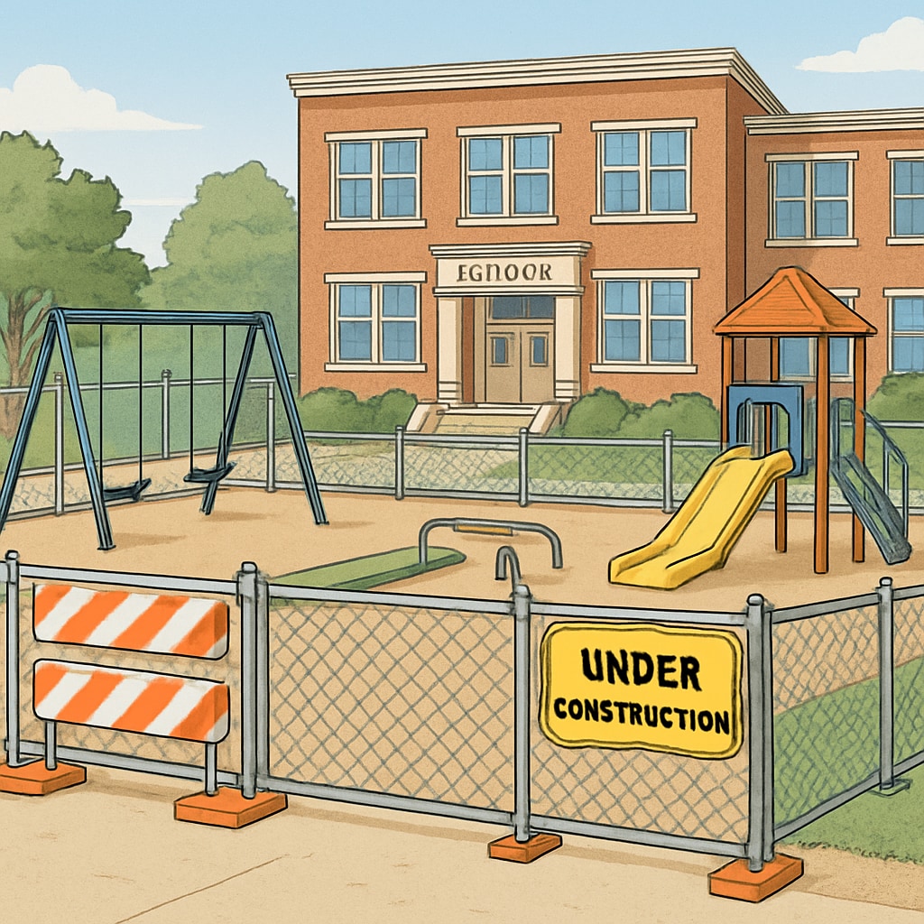 A playground temporarily fenced off during school renovations, illustrating the effects of campus changes on children's playtime. Playground temporarily unavailable during renovations, affecting children's recreational time.