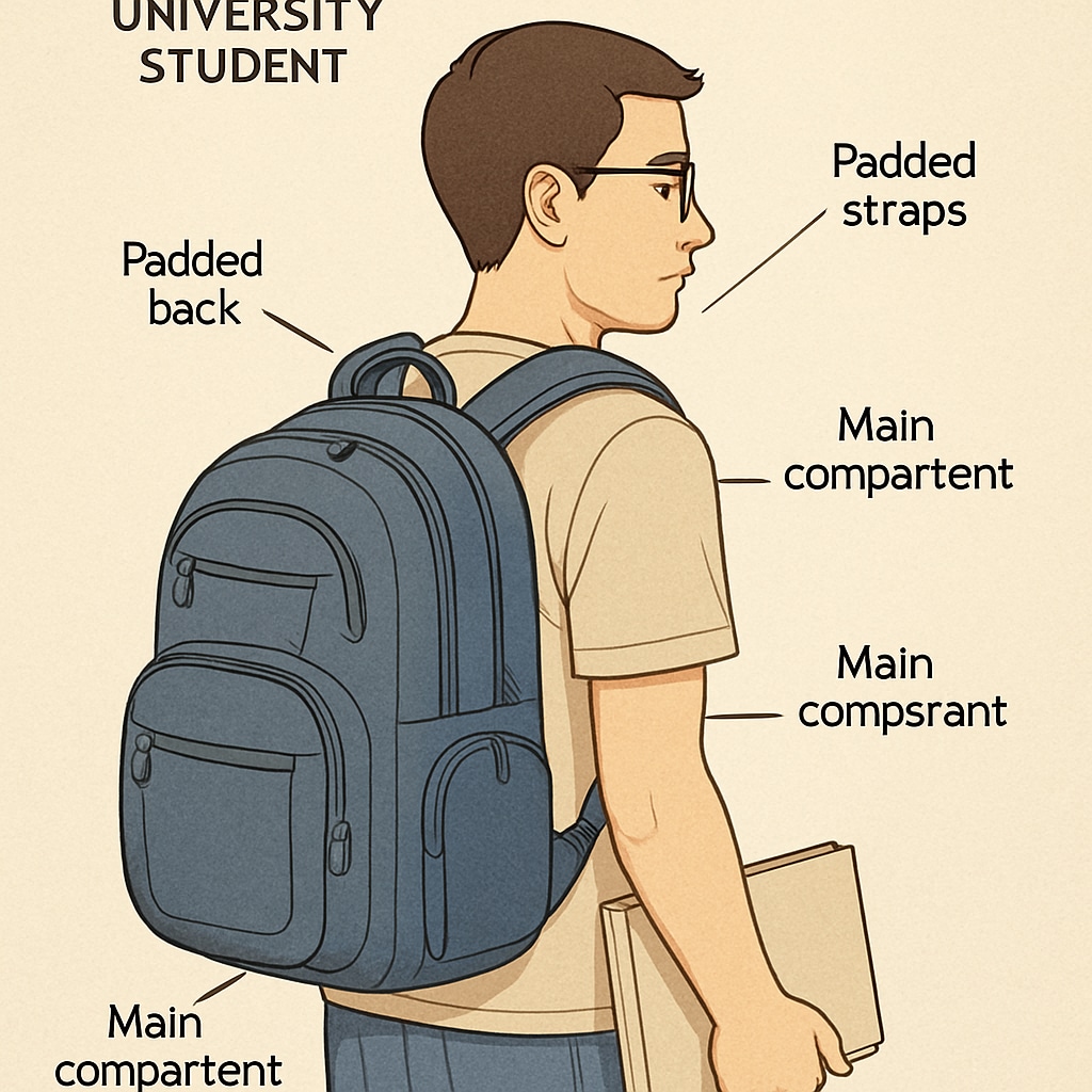 A university student wearing an ergonomic backpack with padded straps and compartments. University student with ergonomic backpack for practicality and health.