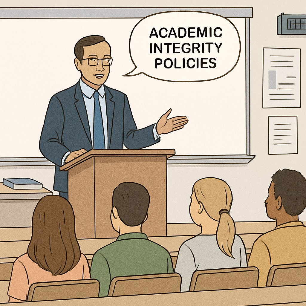 A university professor addressing students in a lecture hall about academic integrity policies. Professor discussing academic integrity and AI writing tools with students