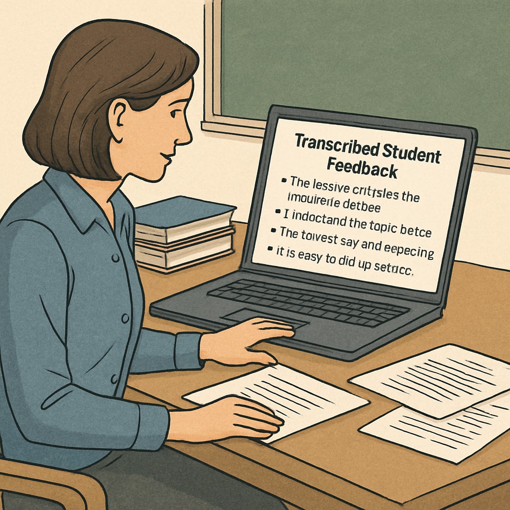 A teacher reviewing transcribed student feedback generated by voice recognition software on a laptop. Teacher reviewing feedback transcribed by voice recognition tool