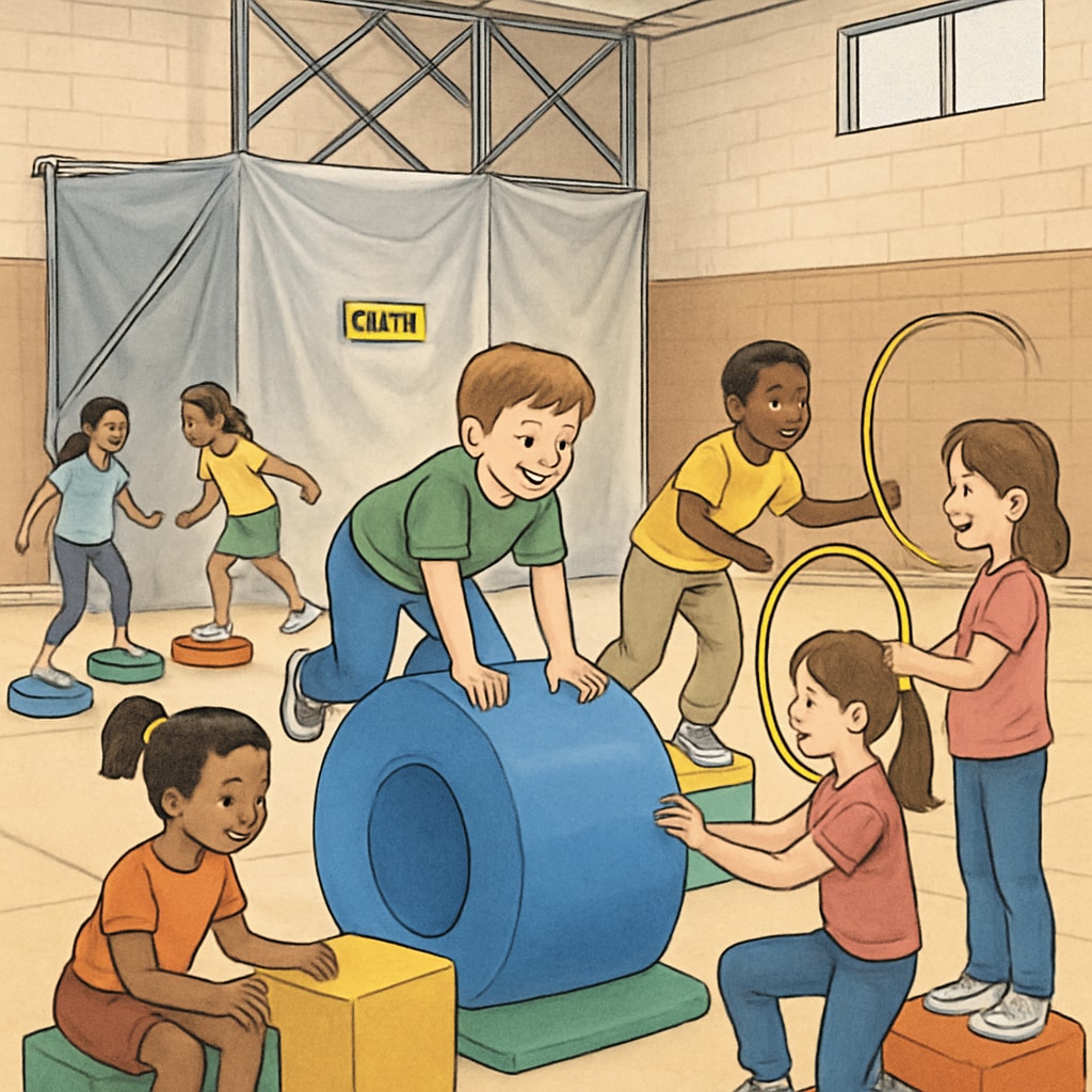 Children playing in a temporary indoor activity zone set up during school renovations, showcasing adaptive solutions for recreational needs. Temporary indoor activity zone for children during school renovations.