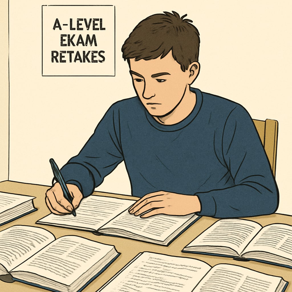 A student is sitting at a desk with textbooks, revising for A-Level exam retakes. A student preparing for A-Level retakes, focused on study materials.