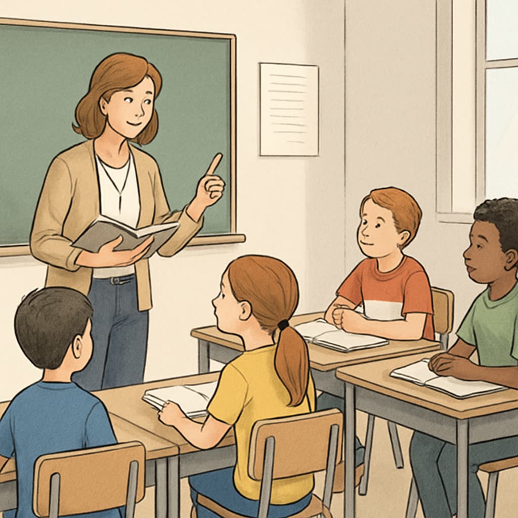 A classroom with a small group of students and a teacher, illustrating the personalized attention typical of private schools. A classroom showing personalized attention in a private school environment.