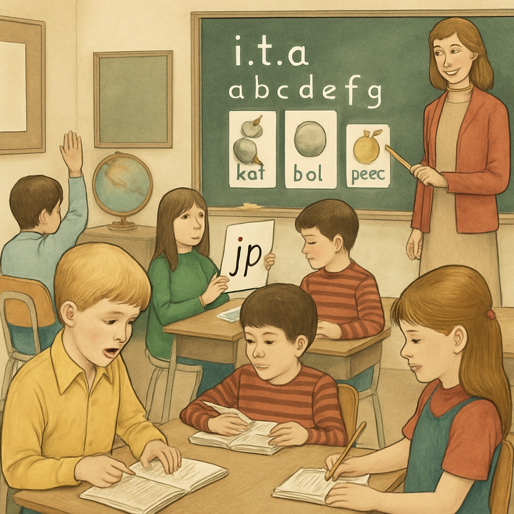 Children learning the Initial Teaching Alphabet in a 1970s classroom.
