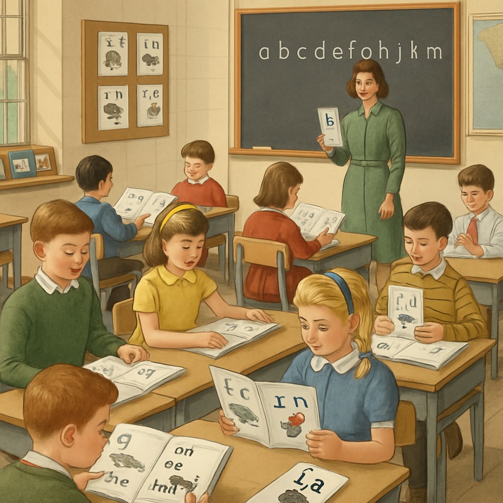 A vintage classroom using Initial Teaching Alphabet materials, showing children engaged in reading activities. Children in a 1970s classroom learning to read using the Initial Teaching Alphabet.
