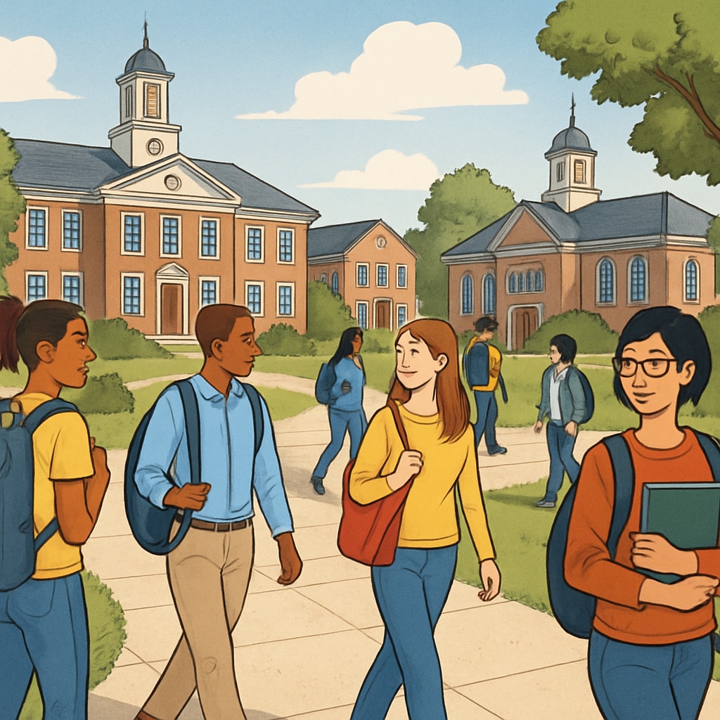 A vibrant university campus with diverse students walking to classes. A university campus representing diverse educational opportunities.