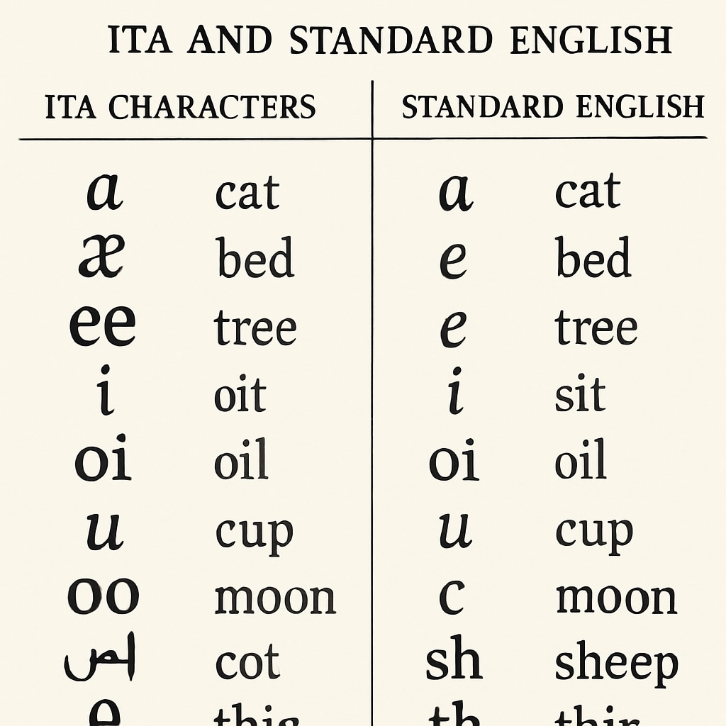 Comparison of ITA and standard English alphabet highlighting orthographic differences.