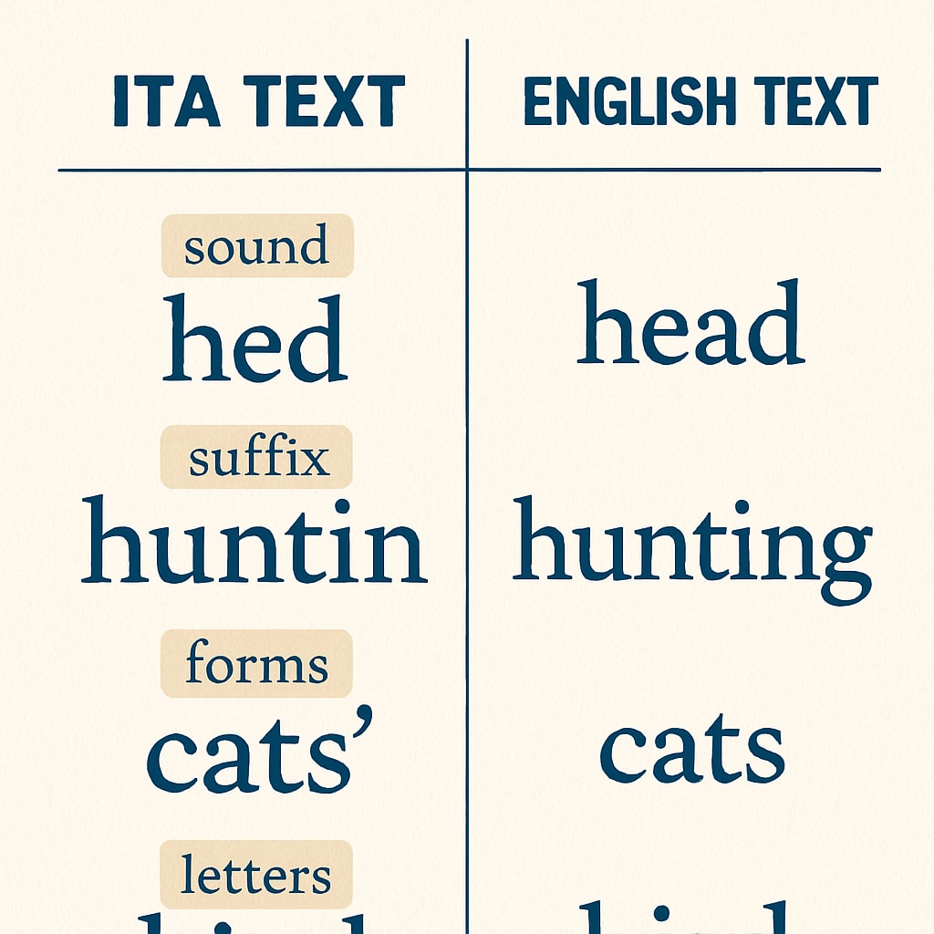 A side-by-side comparison of ITA text and traditional English text, highlighting differences in spelling and symbols. A visual comparison of Initial Teaching Alphabet versus standard English spelling.