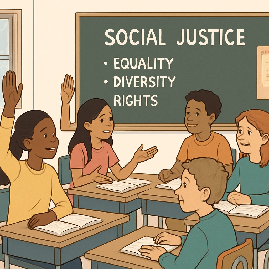 A classroom setting where students are actively engaged in a discussion about social justice topics. Students discussing