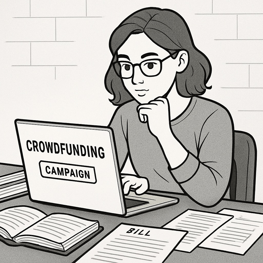 A college student sitting at a laptop, creating a crowdfunding campaign, surrounded by textbooks and bills. College student crowdfunding for tuition expenses