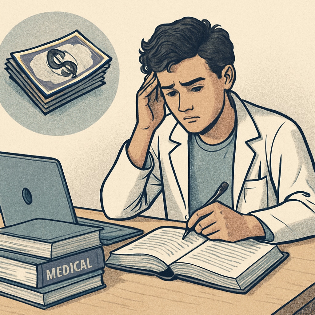 A young medical student studying with a laptop and books, representing financial struggles and determination. Medical student studying with books, depicting tuition struggles and determination.