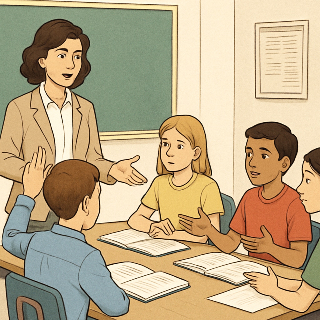 A teacher guiding students in a collaborative activity that promotes critical thinking and open dialogue. Teacher facilitating a critical thinking session on