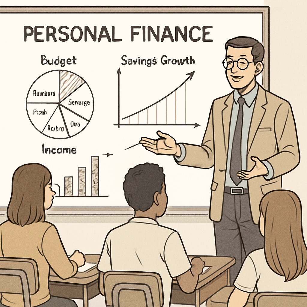 A high school teacher explaining personal finance concepts to students, with charts and graphs displayed on a whiteboard. Financial literacy education in high schools
