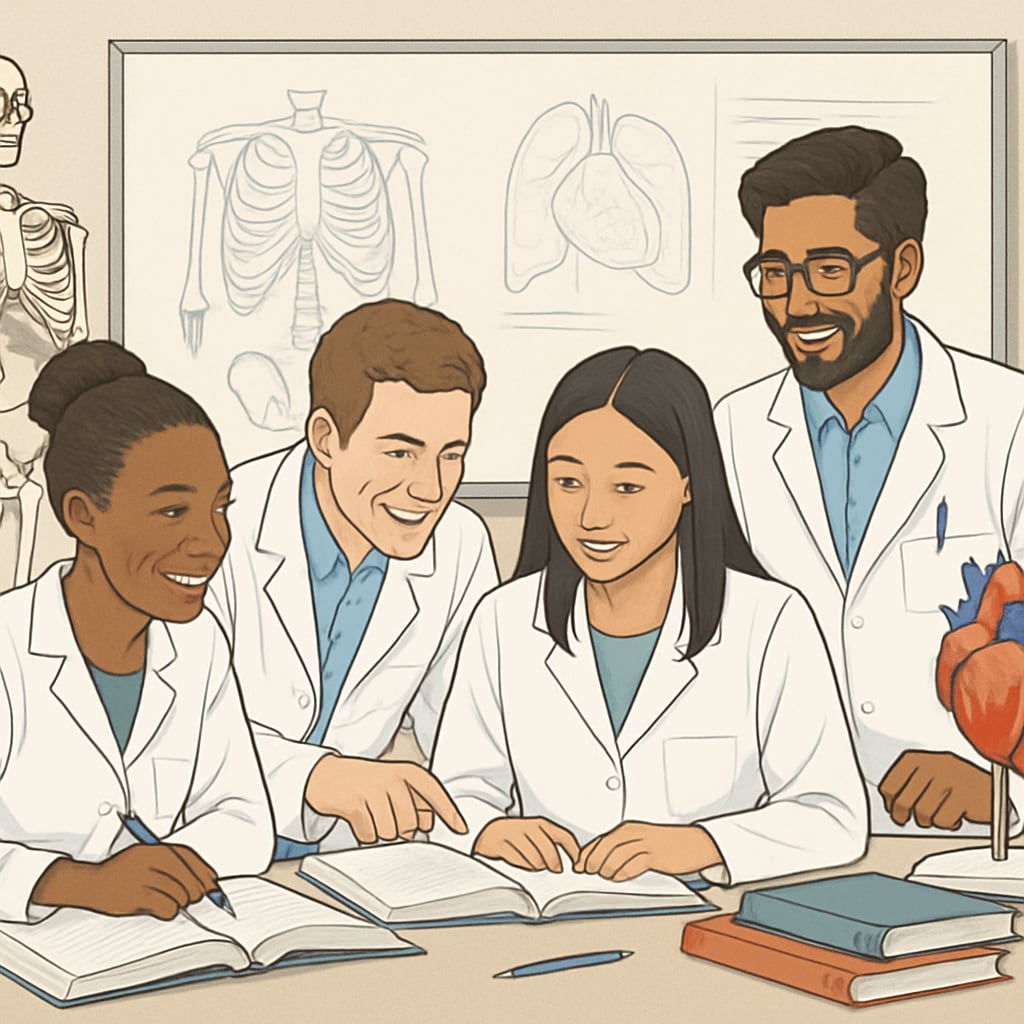 A group of diverse medical students in a classroom, symbolizing inclusivity and opportunity in education. Diverse medical students in a classroom, representing inclusivity in education.