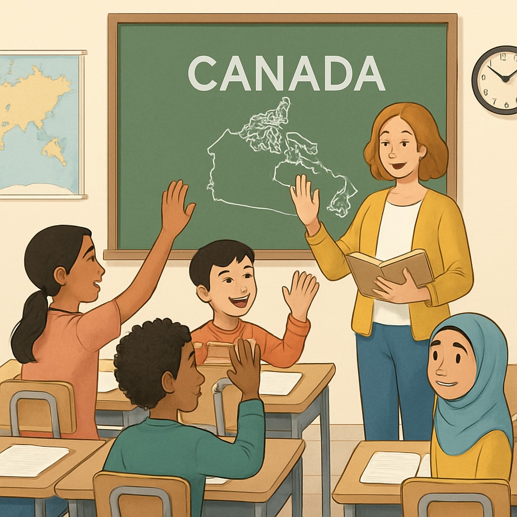 Classroom with diverse students and teacher, representing Canadian education.