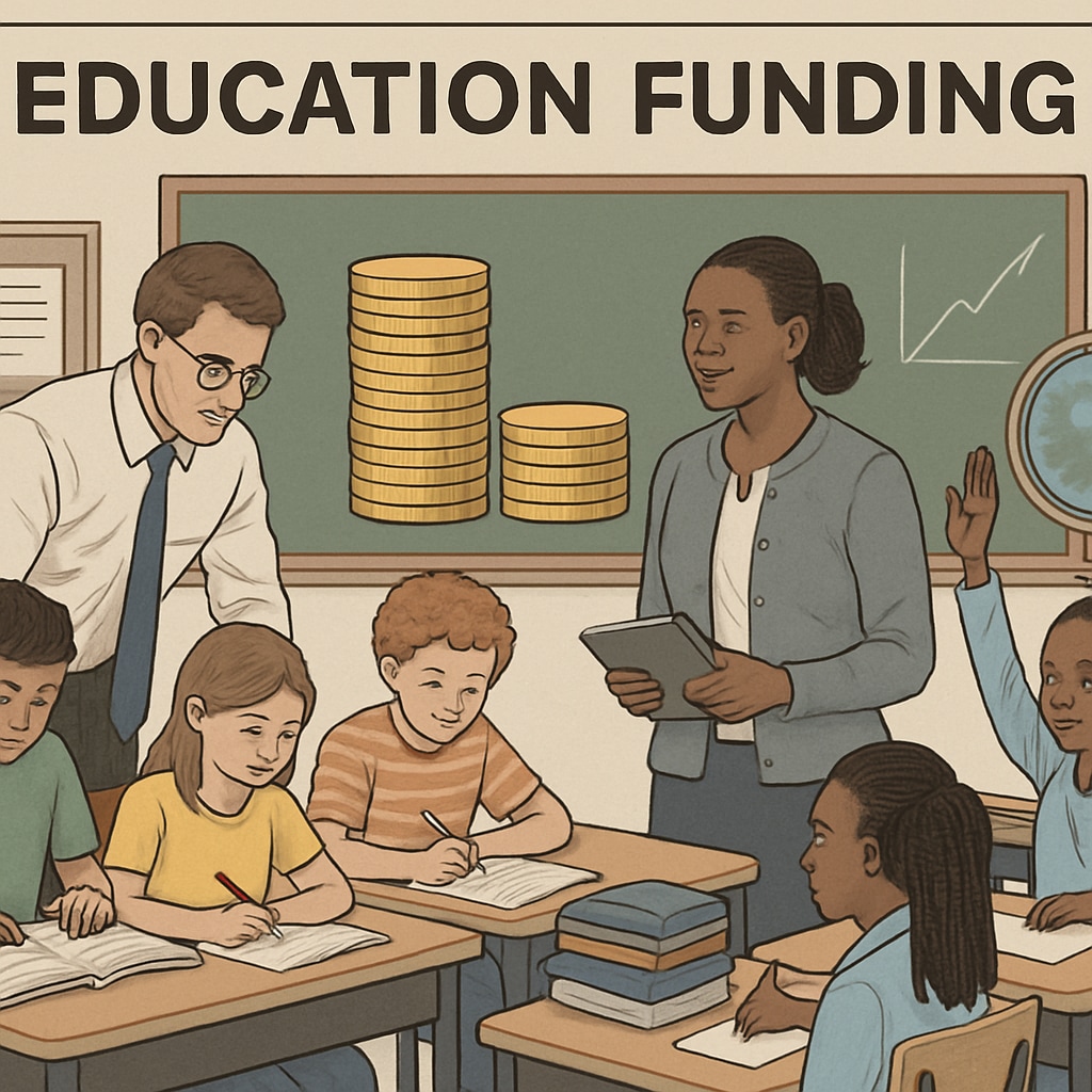 Students and teachers in a classroom, representing education funding distribution.