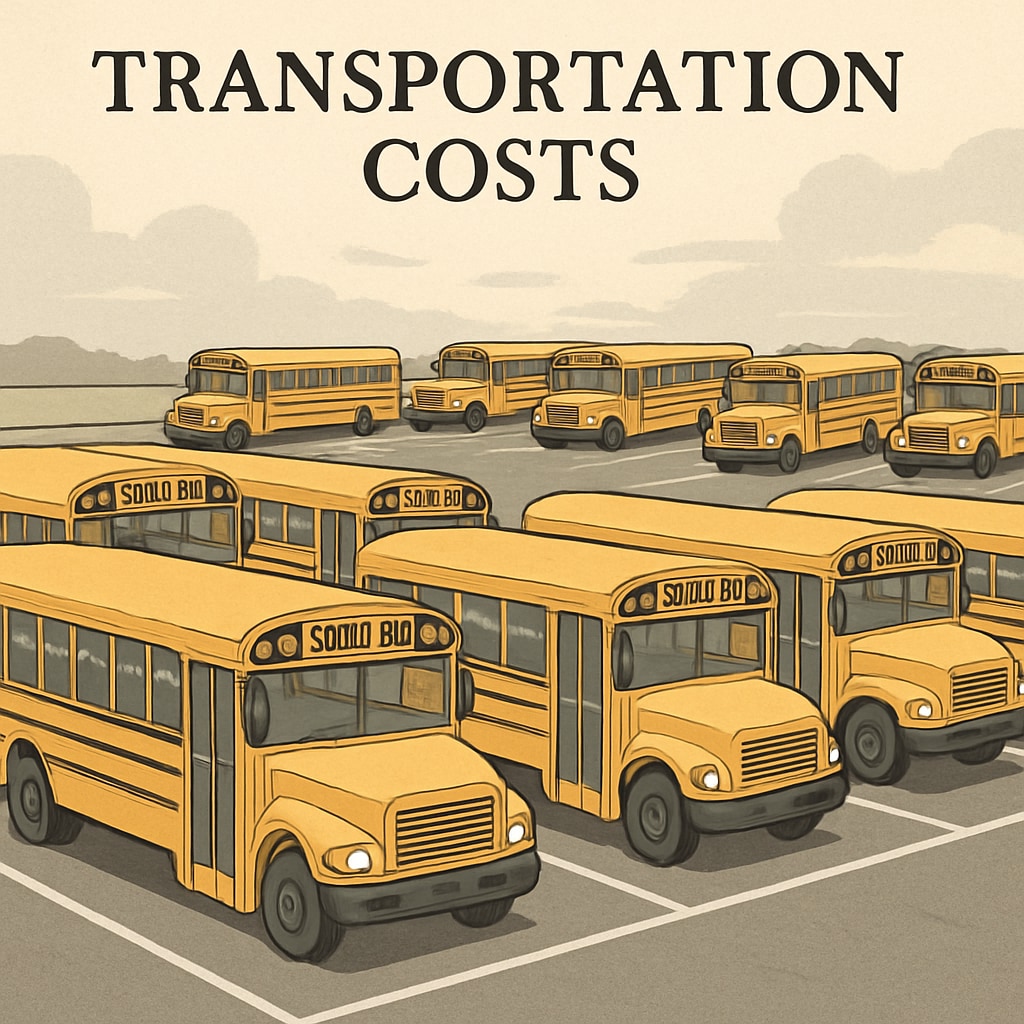 School buses parked, representing transportation costs in school budgets.