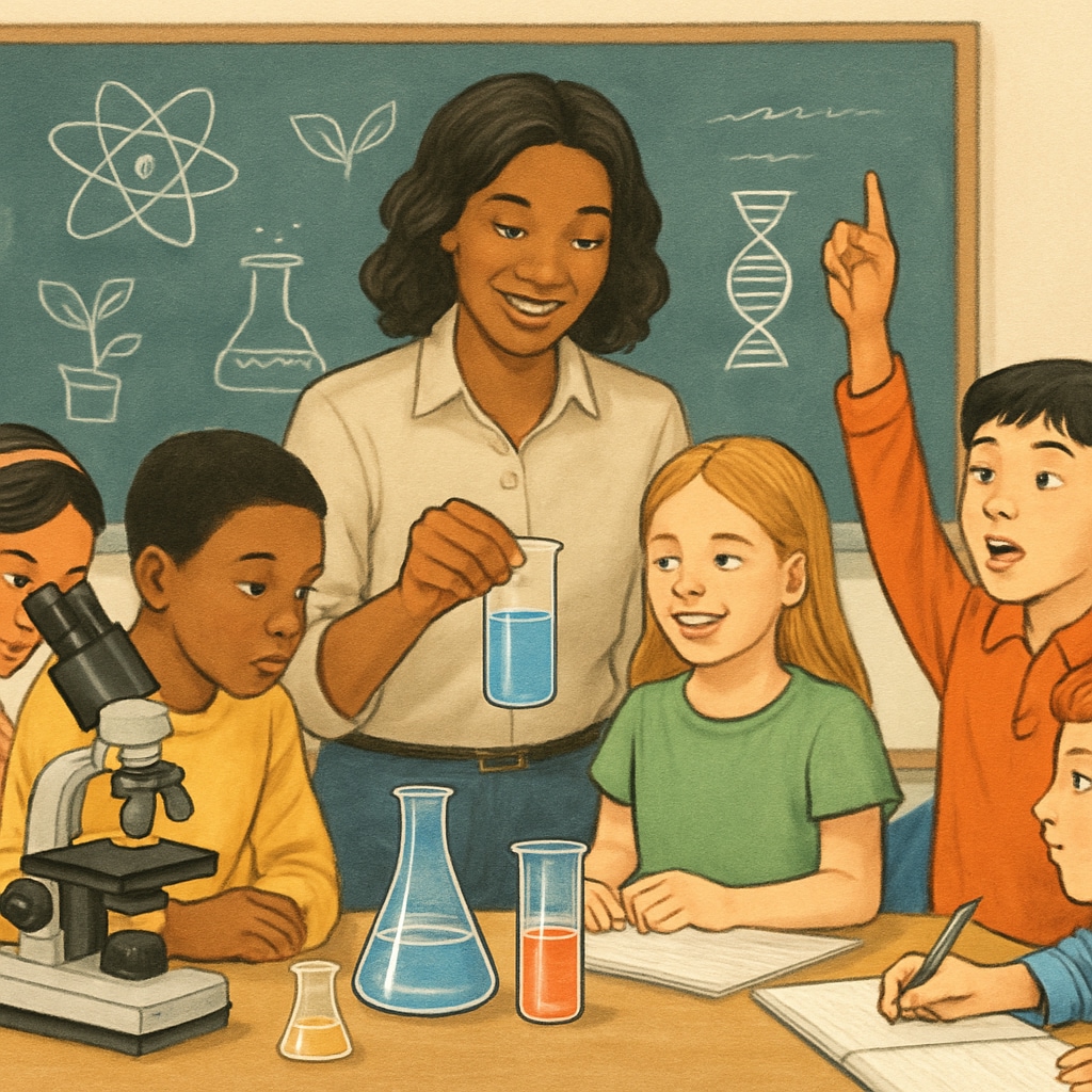 A diverse classroom with students engaged in a science experiment, reflecting inclusivity and active learning. Students participating in a science experiment, highlighting ELL-friendly teaching strategies.