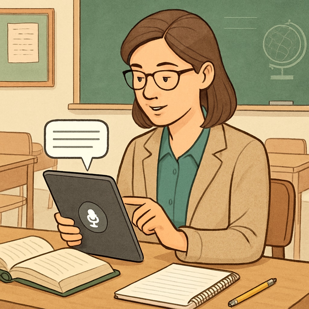 A teacher using voice-to-text software on a tablet to prepare lesson plans in a classroom setting. Teacher using voice-to-text software for lesson planning with WillowVoice.