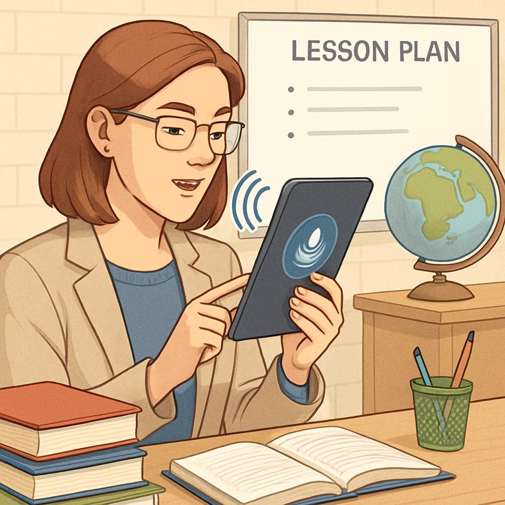 Teacher using voice recognition software for lesson planning