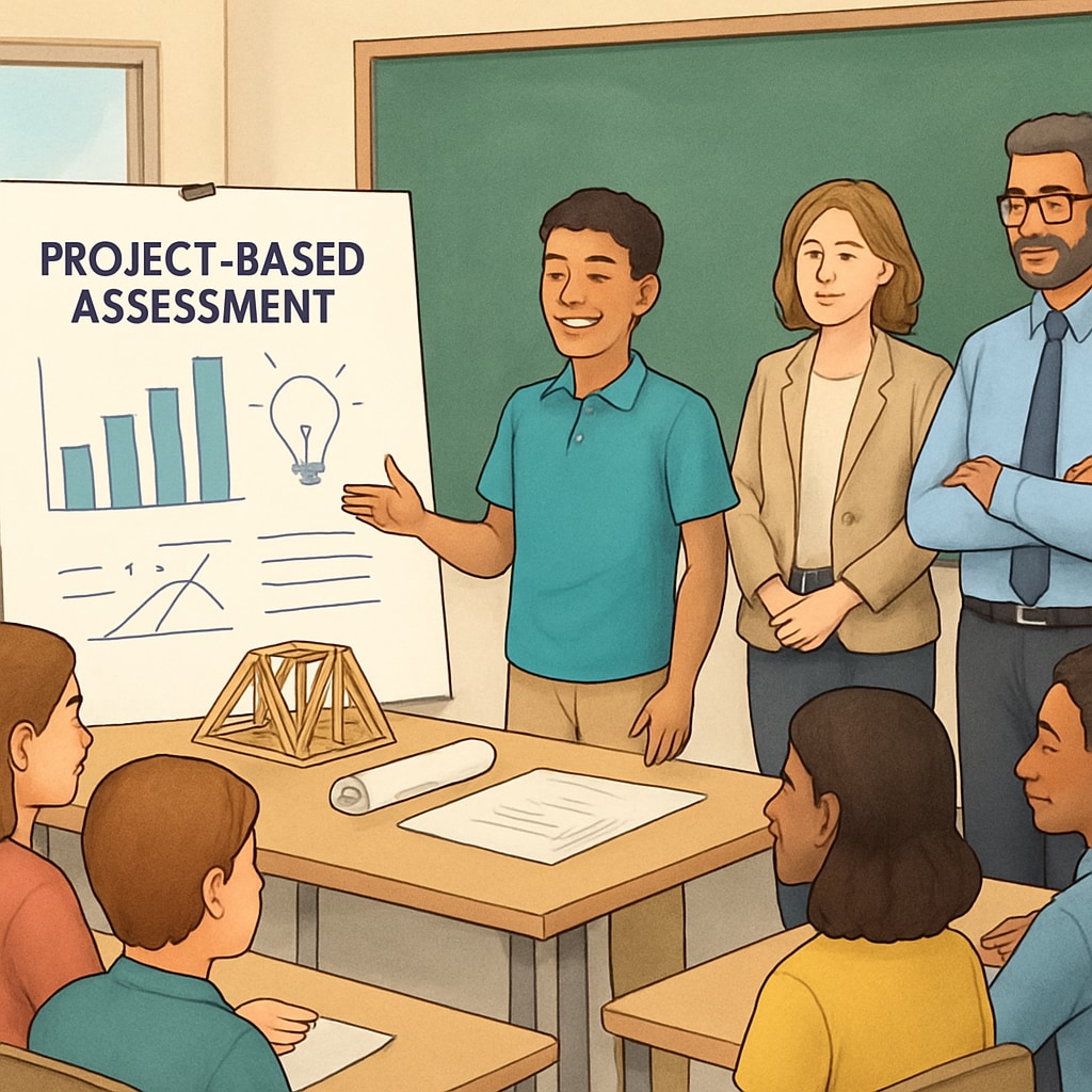 A student presenting a project-based assessment in an educational setting