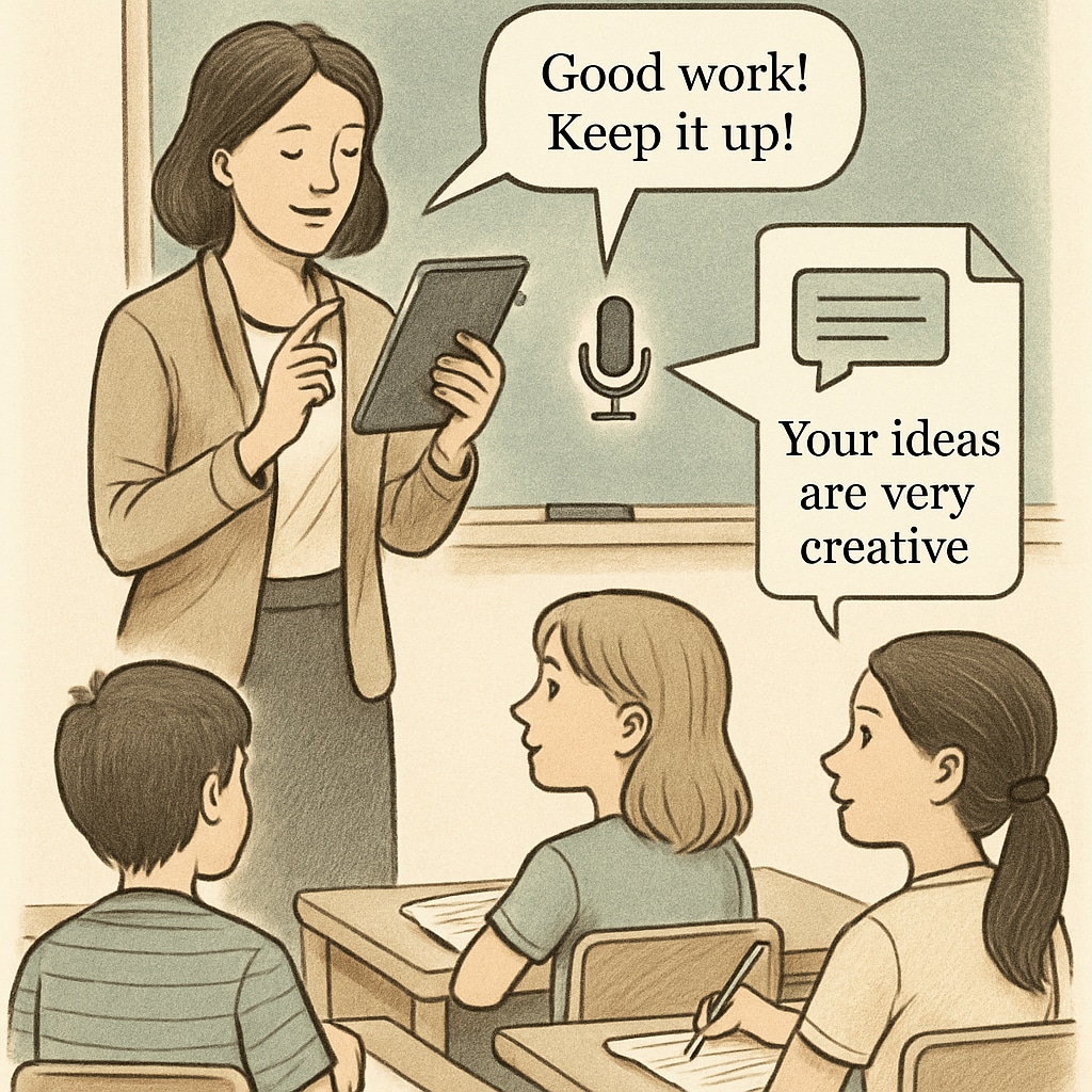 A teacher sharing digital feedback with students, emphasizing personalized comments supported by voice-to-text technology. Teacher providing personalized feedback using voice-to-text tools like WillowVoice.