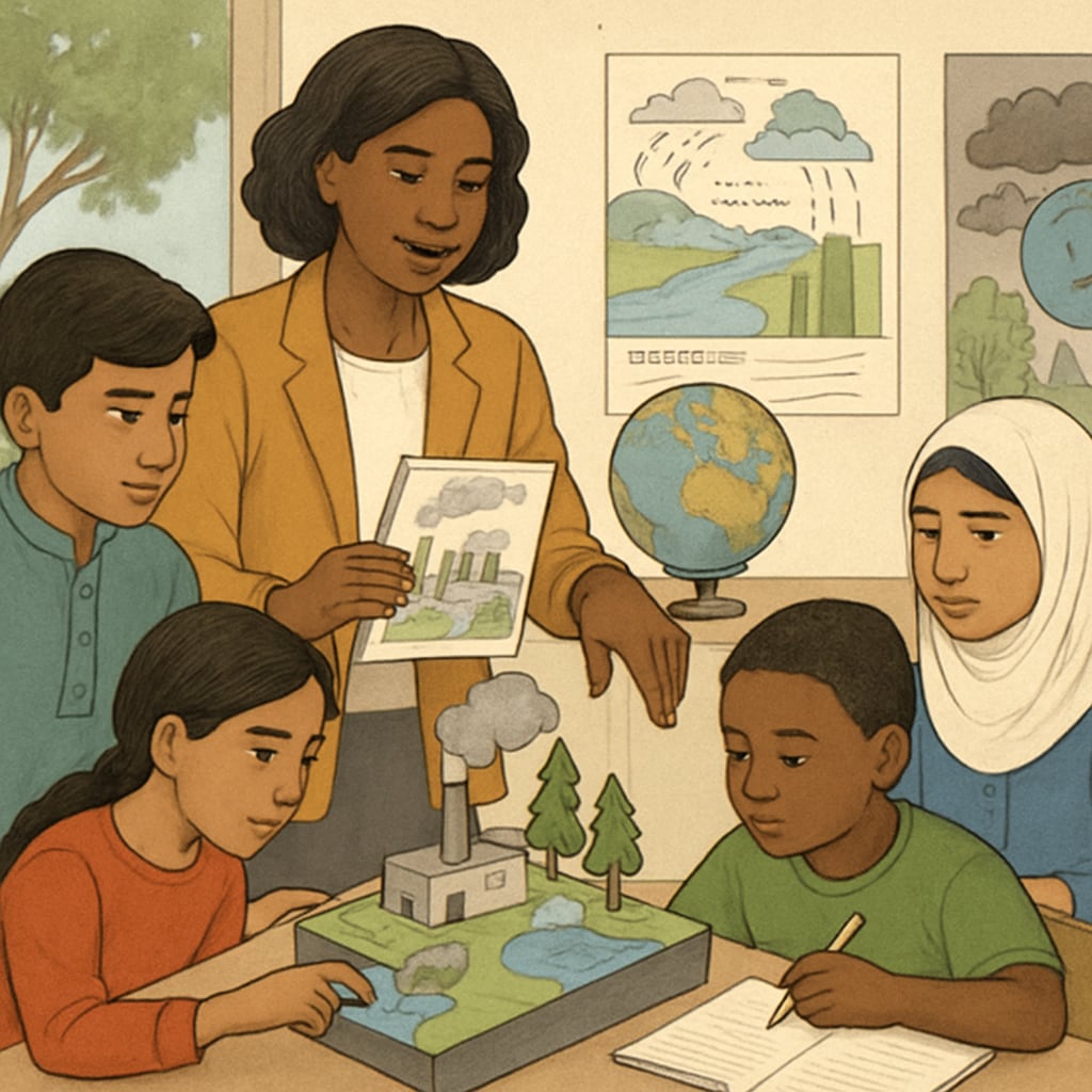 A teacher engaging a diverse group of students in a culturally relevant science activity, such as exploring environmental issues from different global perspectives. Culturally responsive science teaching activity involving diverse students.