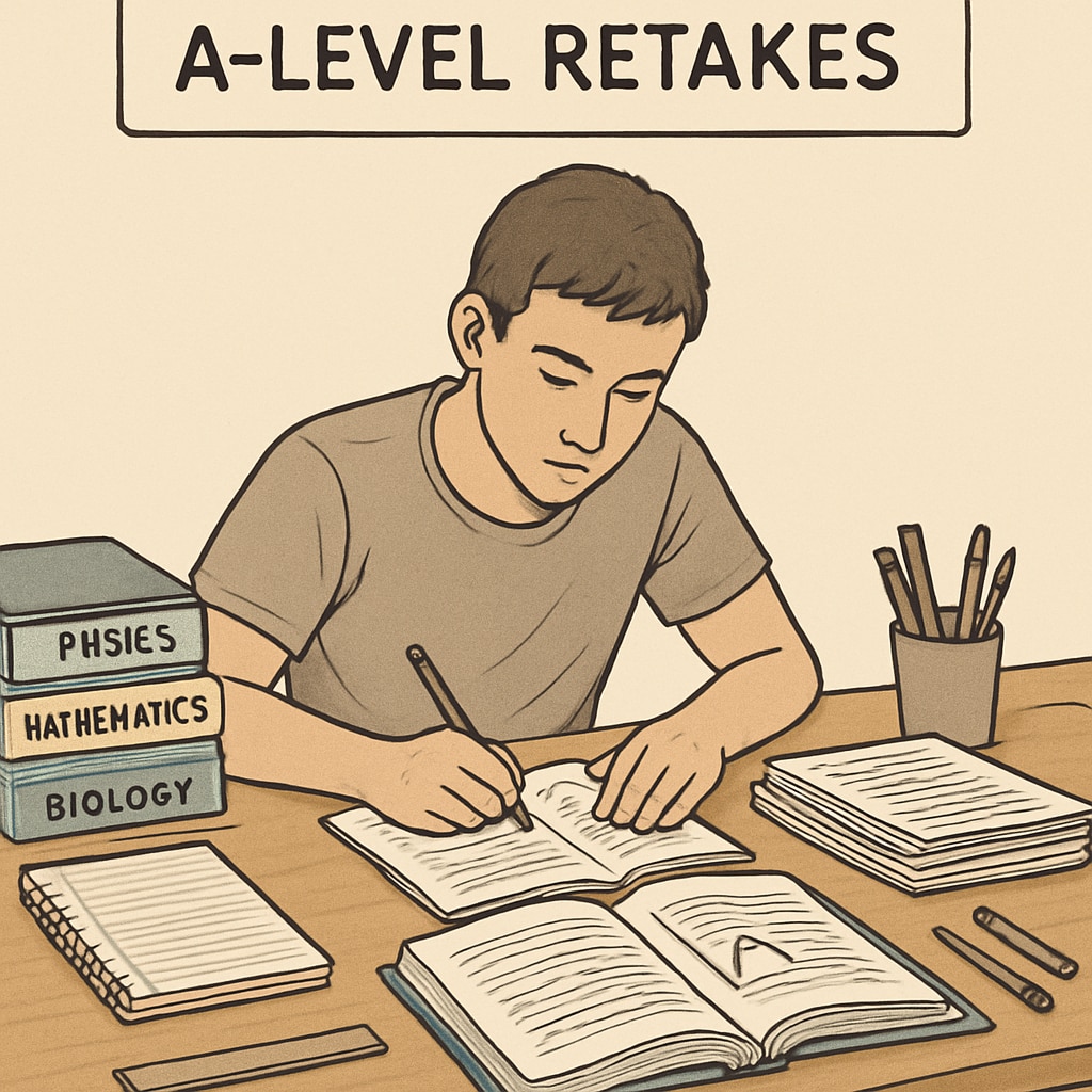 Student preparing for A-level retakes with study materials.