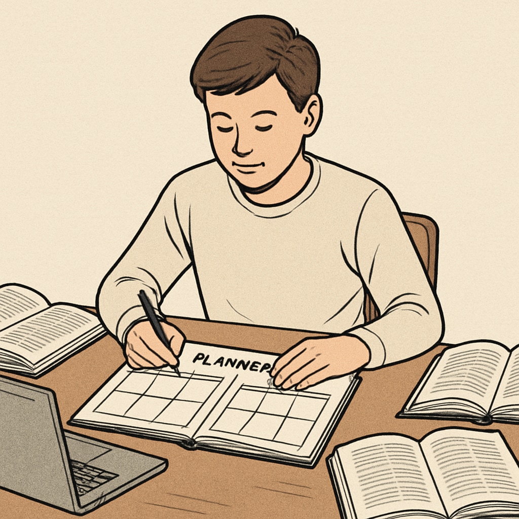 High school student balancing work and studies with books and a laptop.