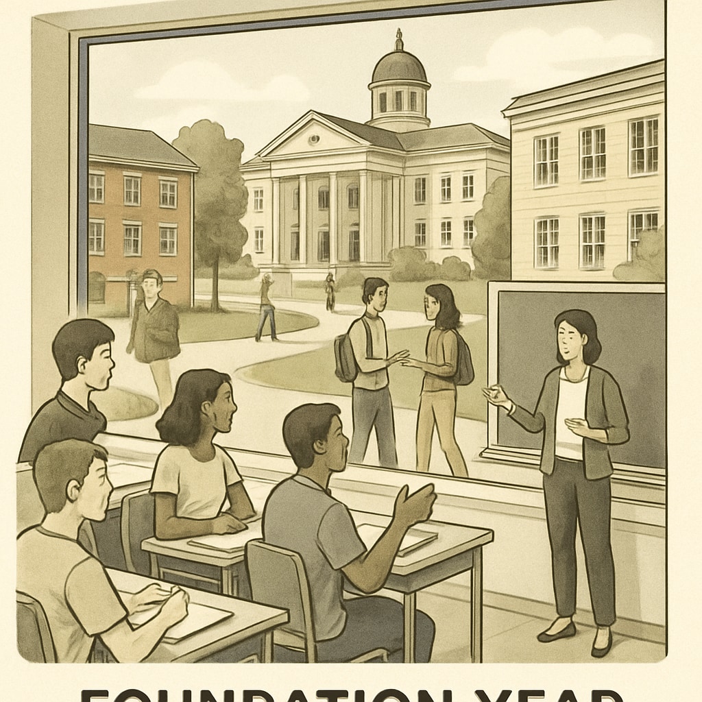A university campus with students attending a foundation year course, representing alternative education options. University campus with foundation year students exploring academic opportunities.