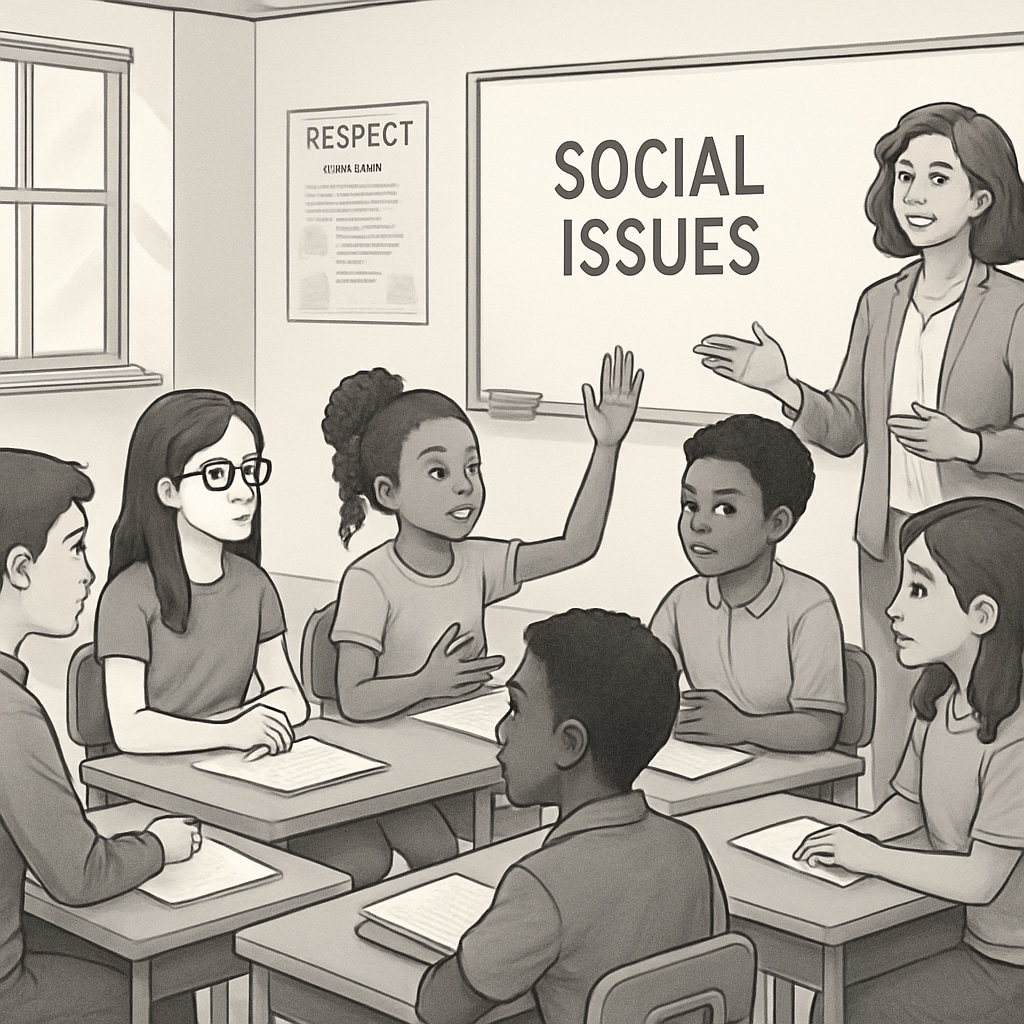 A group of diverse K12 students engaging in a class discussion about social issues, with a teacher moderating. Diverse K12 students discussing social issues in a classroom setting.