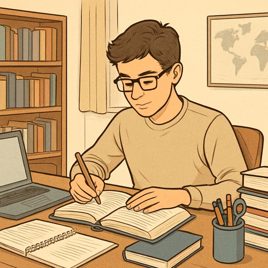 A high school student studying at a cozy desk with books and a laptop, illustrating a personal learning journey. High school student studying with books and laptop, representing external learning resources.
