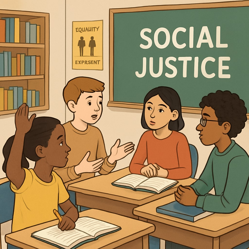 A classroom scene where students engage in a discussion about social justice topics. Students discussing social justice in a classroom setting.