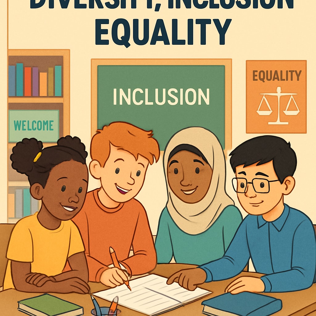 A classroom poster showcasing themes of diversity, inclusion, and equality, with students working on an assignment nearby. Classroom poster promoting diversity and inclusion, with students working nearby.