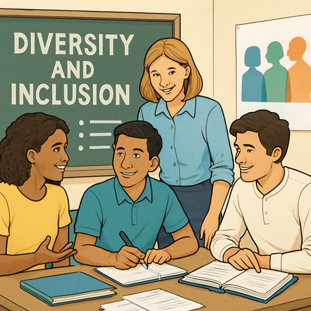 Students collaborating during a workshop on diversity and inclusion themes. Students collaborating in a diversity workshop.