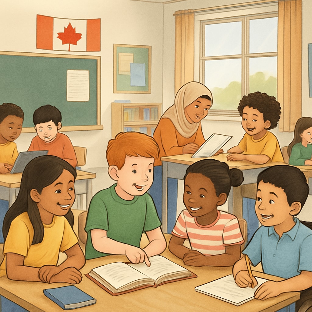Diverse students in a Canadian classroom engaging in group learning activities.