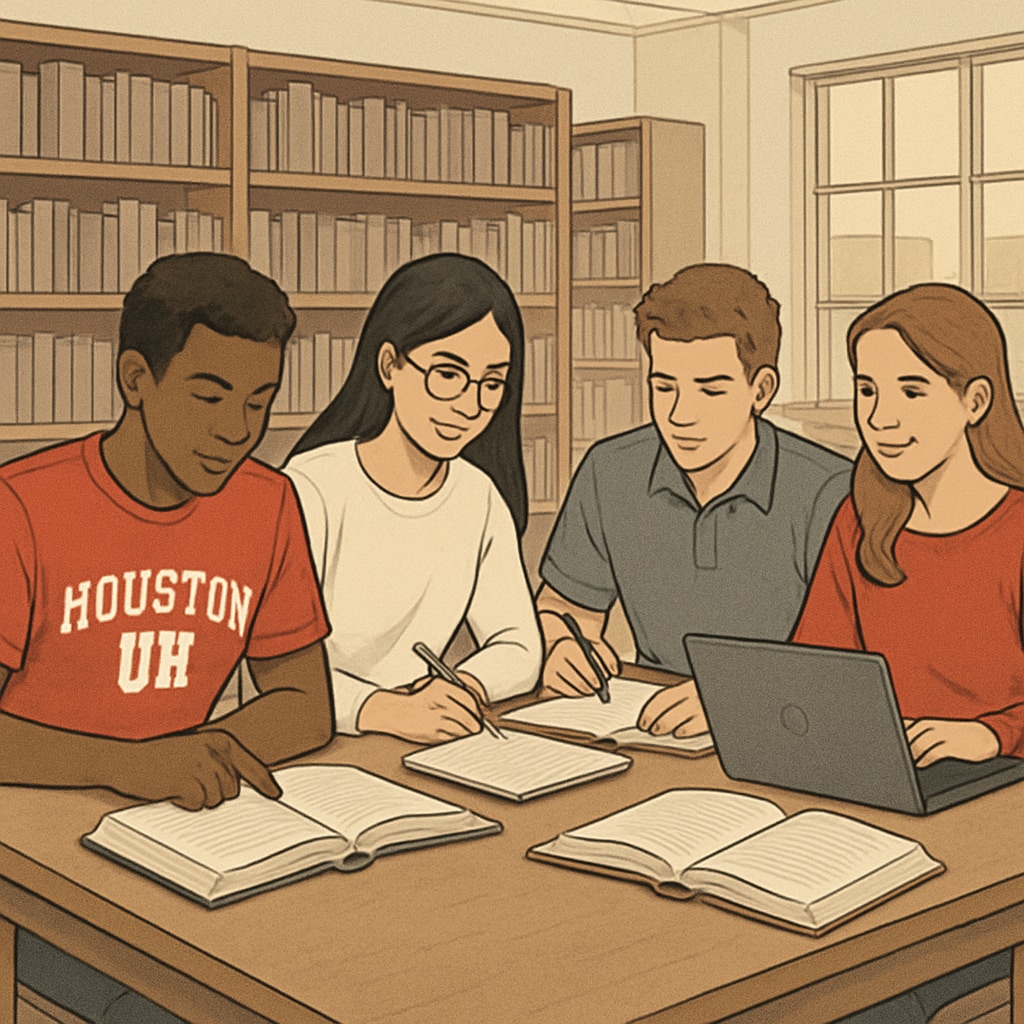 University of Houston students studying together in a library, representing study groups.
