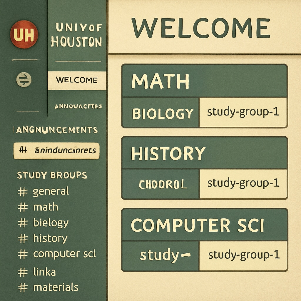 Discord server interface showcasing academic channels for University of Houston students.