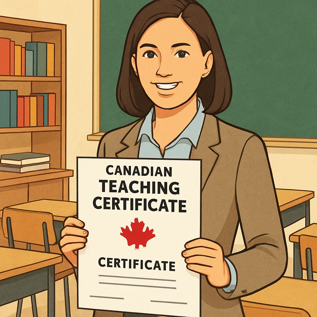 A teacher holding a Canadian teaching certificate in a classroom setting, symbolizing certification success. A certified teacher in a Canadian classroom, showcasing their official teaching license.