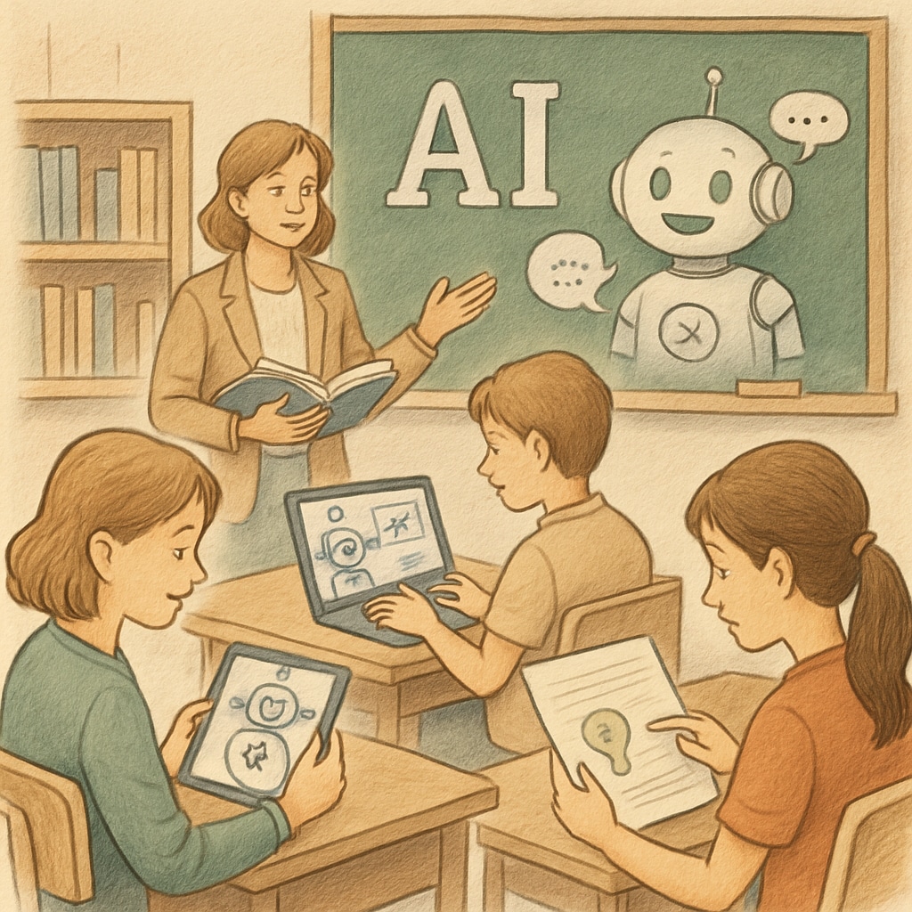 A classroom with students interacting with AI-powered learning tools, symbolizing the integration of AI into education. Students using AI-driven tools in a classroom environment to explore educational possibilities.