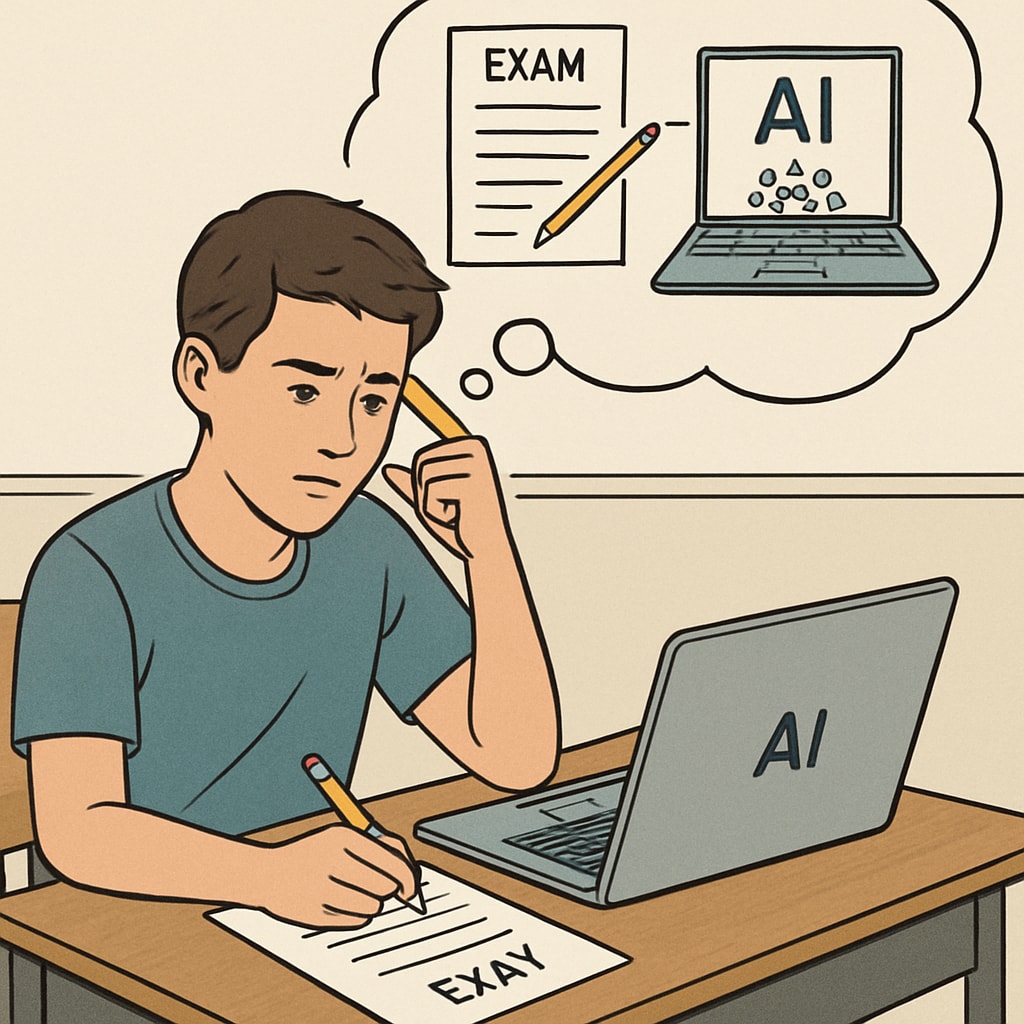 A conceptual image of a student using AI tools during an exam, symbolizing the growing tension between traditional assessment methods and modern technology. Student using AI tools during an exam, highlighting challenges to traditional competitive exams.