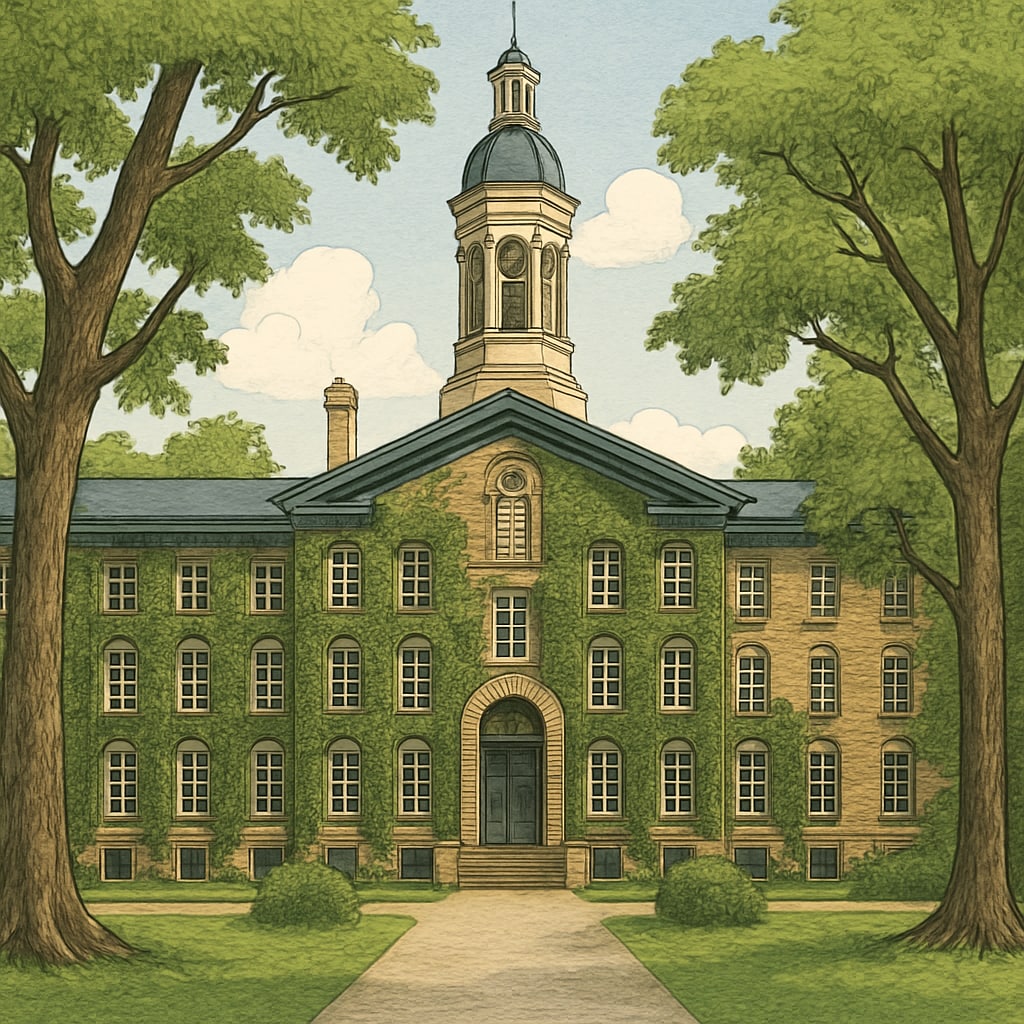 A vibrant image of Princeton University's iconic ivy-covered campus, showcasing its historical architecture and academic atmosphere. Princeton University ivy-covered campus showing prestige and heritage.