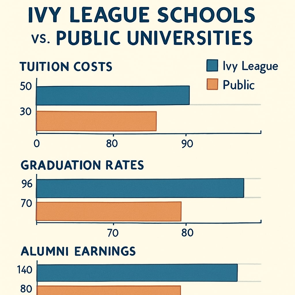 A comparison chart showing tuition costs, graduation rates, and alumni earnings between Ivy League schools and public universities. Chart comparing Ivy League tuition, graduation rates, and earnings data.