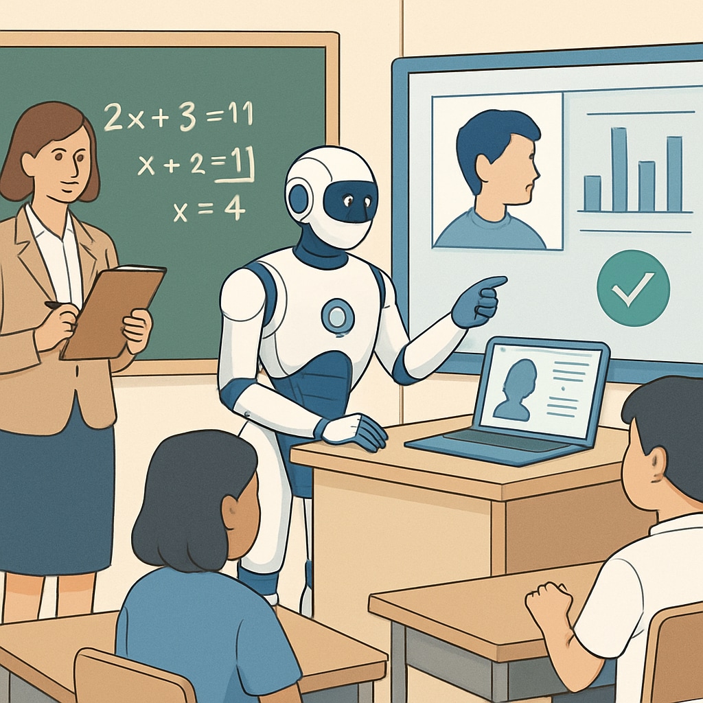 A futuristic classroom setting where AI tools help educators assess students' problem-solving abilities, showcasing the integration of technology in modern education. Futuristic classroom with AI tools assessing students' problem-solving skills.