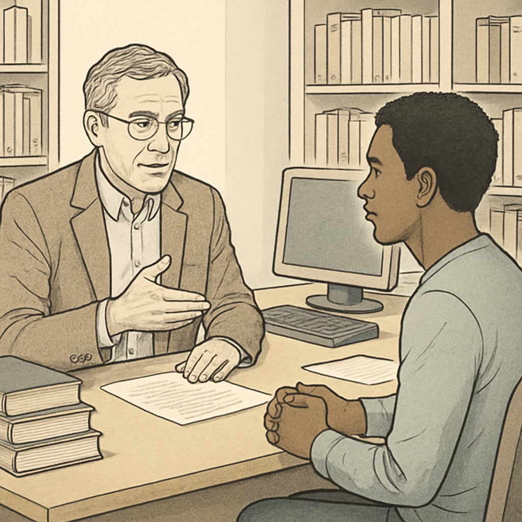 A professor and a student having a calm and constructive discussion in an office setting. Professor discussing plagiarism claims with a student in an office