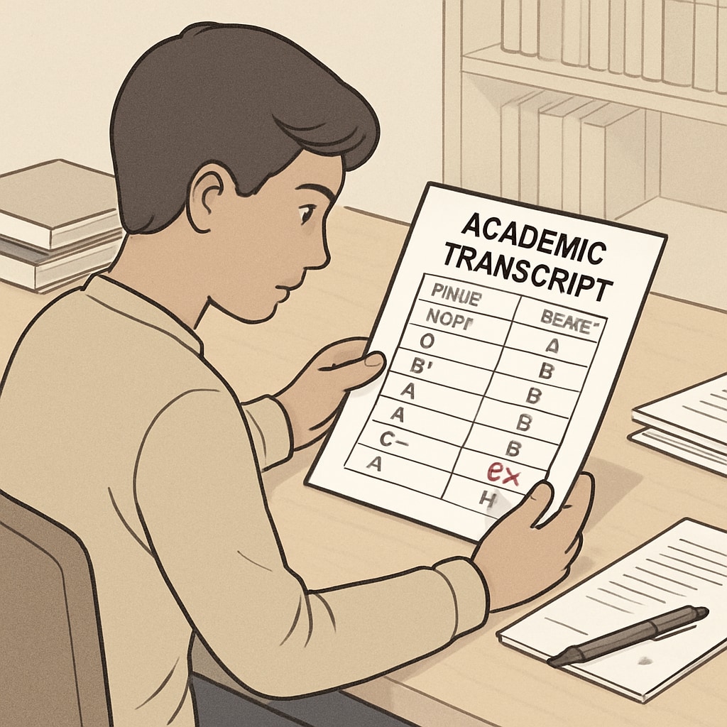 A student reviewing their academic transcript with a focus on a highlighted low grade, symbolizing the challenge of overcoming academic weaknesses. Student reviewing academic transcript to assess a low grade’s impact on Harvard application