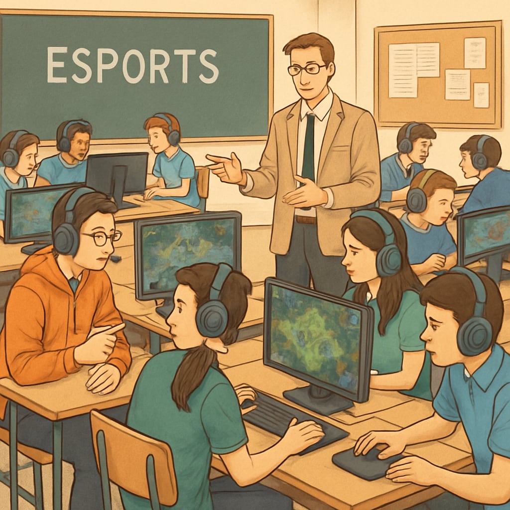 A classroom where students are engaged in esports-related activities, illustrating the integration of gaming into education. Students in a classroom participating in an esports learning activity.