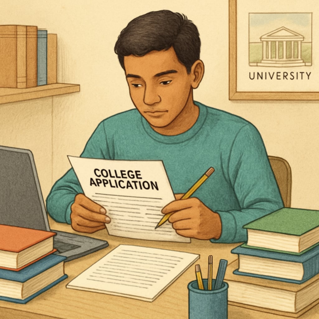 A student reviewing their college application at a desk, surrounded by books and a laptop, representing the process of applying to elite universities. College applicant working on their Harvard University application amidst books and a laptop.